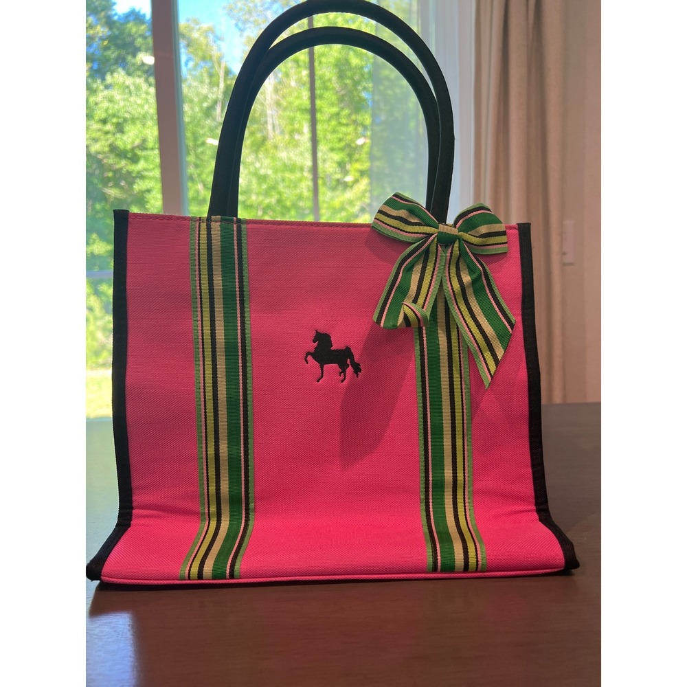 Manual Woodworkers‎ Weavers Pink Canvas Horse Tote Bag Green Striped Ribbon Bow